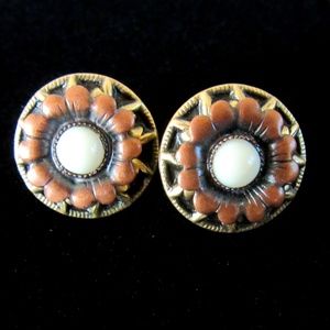 Copper & brass sunflower stud pierced earrings NOS